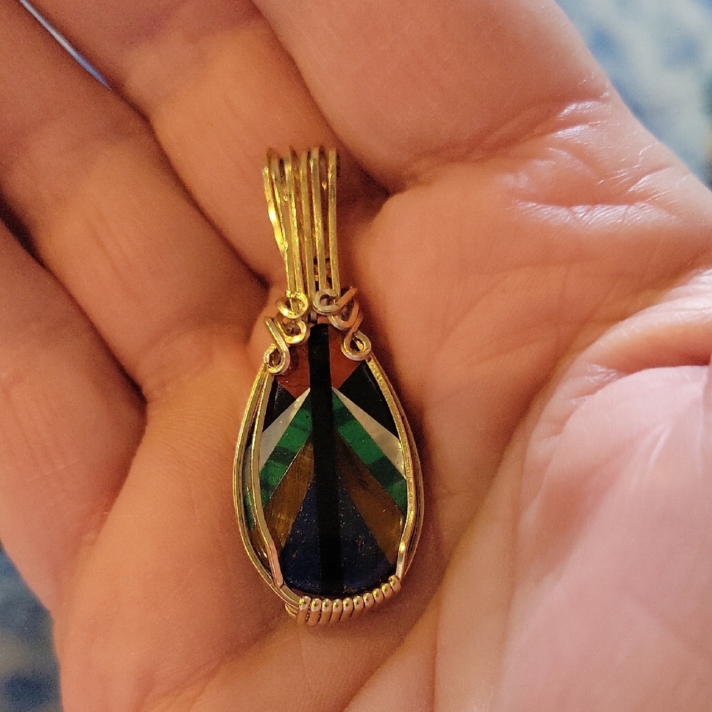 Navajo Art Pendant,Vintage,Semi- Precious Stones,Gold Wrapped